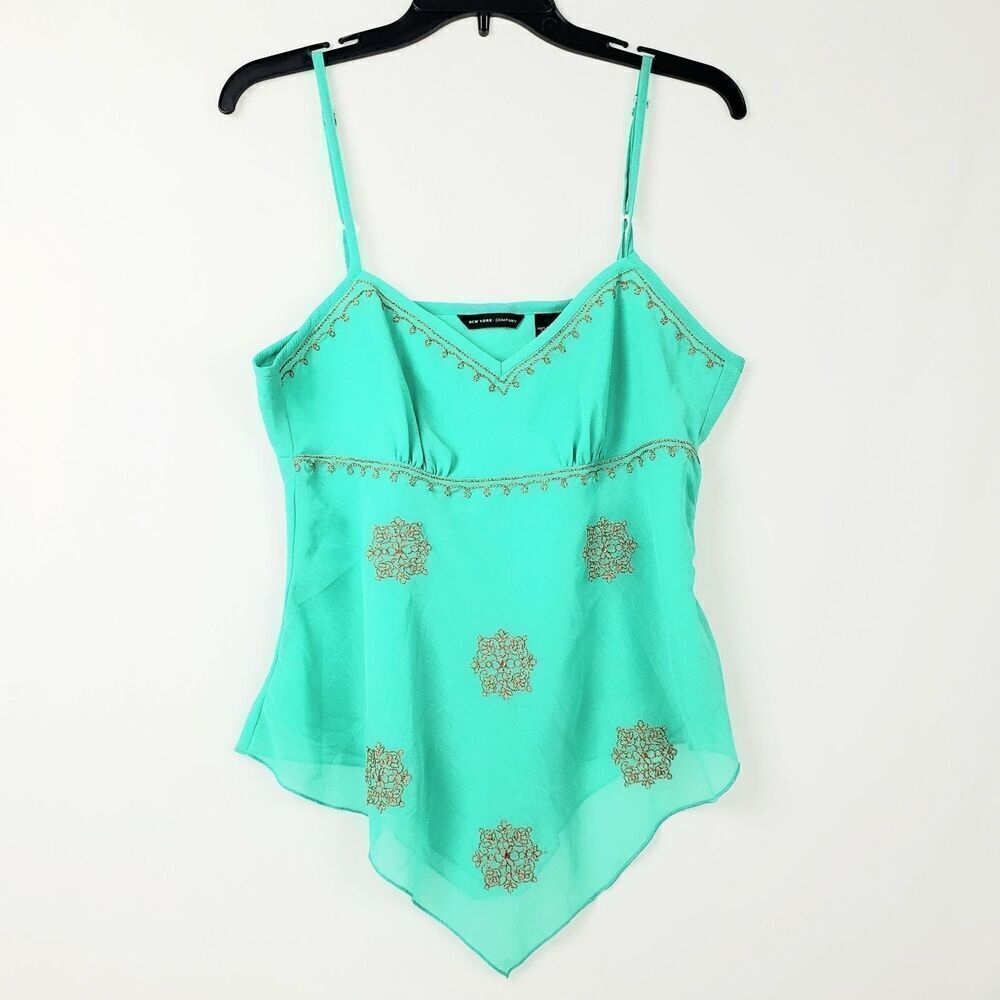 New York and Company Size 8 Teal gold Handkercheif Hem Top